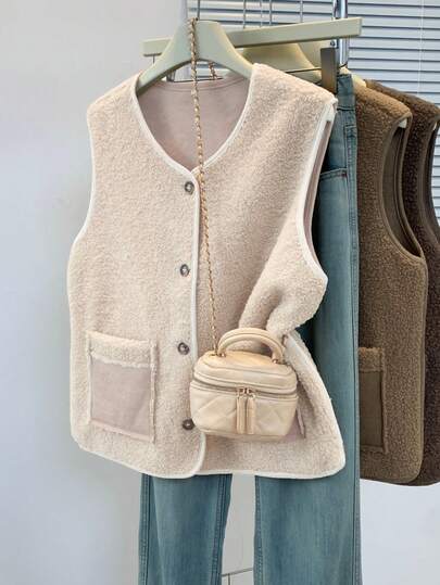 YUXIN Must - Have For Women In Autumn And Winter! Soft Faux Shearling Sleeveless Cardigan Vest With Dual Pockets, Ultra - Warm And Versatile For Daily Wear