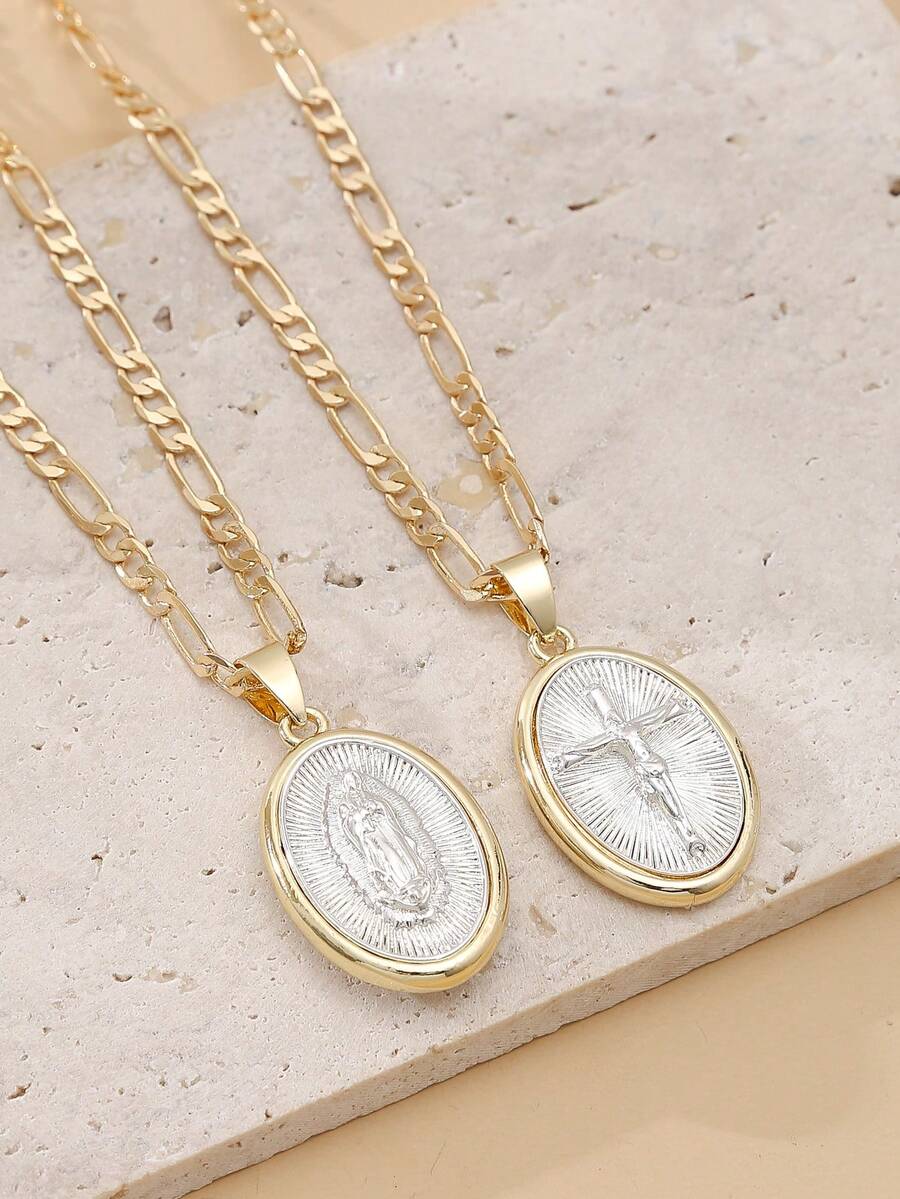 1pc Elegant Women's Jewelry Double-Sided Embossed Necklace With Virgin Mary Cross Pendant, Unique Design Choker For Daily Wear