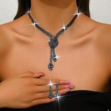 Unicra Silver Rhinestone Bridal Wedding Jewelry Set Crystal Necklace Earrings Sets Formal Prom Costume Jewelry Sets For Women And Brides,Black - màu đen - Xem 4