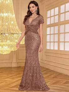 女士优雅亮片V领晚礼服，魅力性感亮片婚礼春季派对礼服 - 咖啡棕 - 查看 6