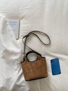 女士水桶包/斜挎包，仿麂皮绒，时尚，秋冬款，棕色，复古，优雅，简约，适合女性、女孩、大学生 - 棕色 - 查看 7