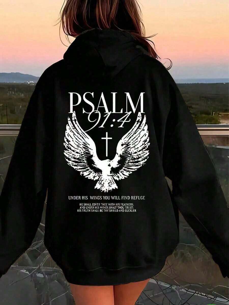 Winter Clothes For WomenWomen's Christian Hoodie - Psalm 91:4 Bible Verse Eagle Wing Cross Sweatshirt, Inspirational Religious Clothing, Women's Hooded Pullover, Machine Washable Four Seasons Faith Apparel Bold Print Design, Comfortable Fabric, Church Wear, Spiritual Clothing, Durable Construction, Faith-Inspired Fashion Soft And Comfortable Cotton TopLoose And Comfortablehoodie Christmas Sweatshirt - 黑色 - 查看 1