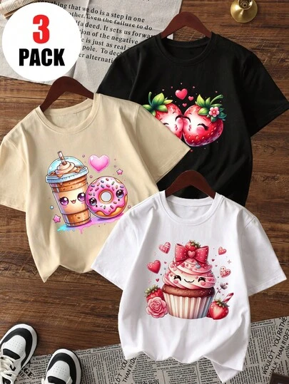 3件套少女休闲碎花圆领短袖T恤，夏季学生少女服装 - 时尚T恤为每个孩子带来快乐和幸福！情人节