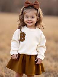 2 件套女婴套装：装饰字母贴花纯色羊毛圆领运动衫 + 纯色裙子