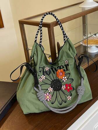 1 件新款时尚刺绣花卉图案尼龙可折叠大容量手提包，可调节肩带，适合通勤、购物、派对