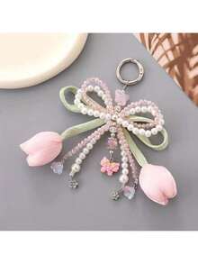 Elegant Tulip Keychain – Soft Pink, Mint Green, Lavender & White With Beads & Flower Charms, Durable Key Ring For Car, Keys, Bags, Perfect Birthday Gift & Portable Accessory - 粉色 - 查看 6