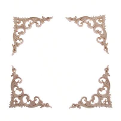 Wood Appliques Decorative Wood Onlays For Furniture 4Pcs Unpainted DIY Retro Wooden Corner Carving Decals For Door Fireplace Drer Cabinet Mirror Bed Mantel Decor 0x0cm/3.94"X3.94"