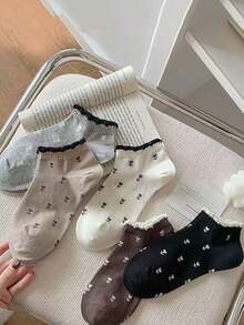5 pares de calcetines cortos para mujer, calcetines con ribete de encaje, calcetines tobilleros de corte bajo con estampado floral, calcetines tipo barco con diseño de margaritas lindos, calcetines cortos femeninos - Multicolor - Ver 7