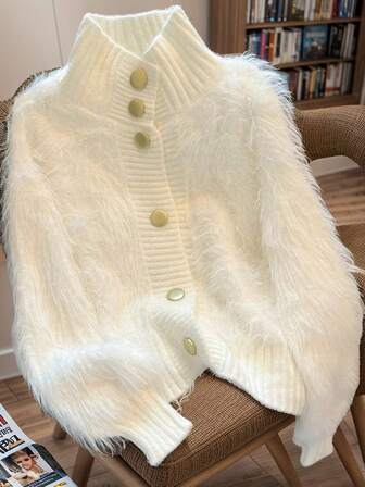 JIANHU Korean Style Fuzzy Knit Cardigan – Fall Winter Soft Faux Fur Sweater With Scalloped Trim And Pearl-Like Buttons, Cozy High Neck Jacket For Daily Looks