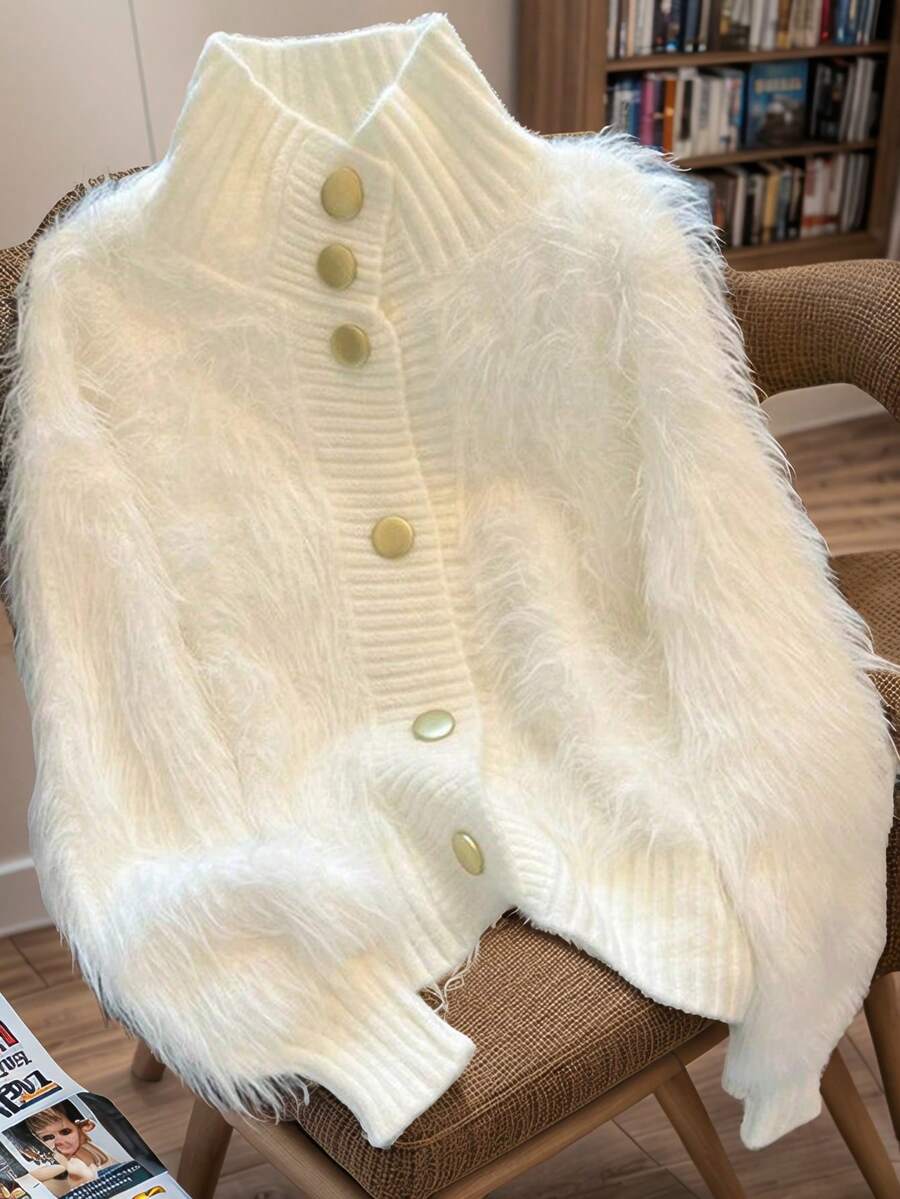 JIANHU Korean Style Fluffy Knit Cardigan - Soft Faux Fur Sweater With Fan-Shaped Ruffle Trim And Pearl Buttons, Comfortable High Collar Jacket, Versatile For Daily Wear, Autumn/Winter - White - View 1