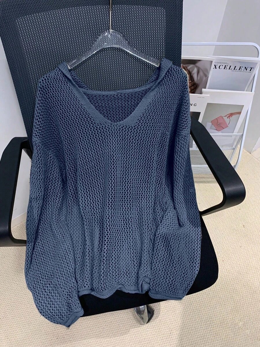 Damen Pullover mit Kapuze und Hohlmuster, vielseitiger Strickpullover mit Langarm, geeignet für Halloween und Weihnachten