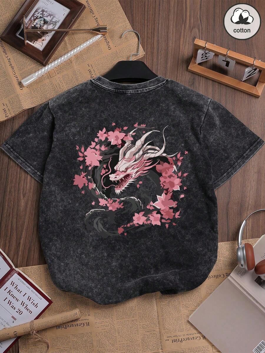Es Trus，棉质，夏季女式趣味印花嘻哈“花龙”个性化图案印花街头风，韩版舒适复古时尚通勤百搭Y2K女装，适合户外休闲，常规小众朋克风宝藏黑色修身圆领短袖水洗女式T恤休闲