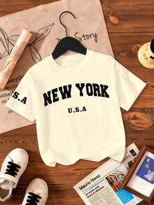 女童字母印花圆领短袖休闲百搭T恤 - 杏色 - 查看 2