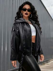 Women's Belted Faux Leather Moto Jacket With Zipper Closure – Black PU Short Coat For Fall & Winter Daily Wear, Casual Street Style Outerwear  Night Out  Daily    All Season - 黑色 - 查看 6