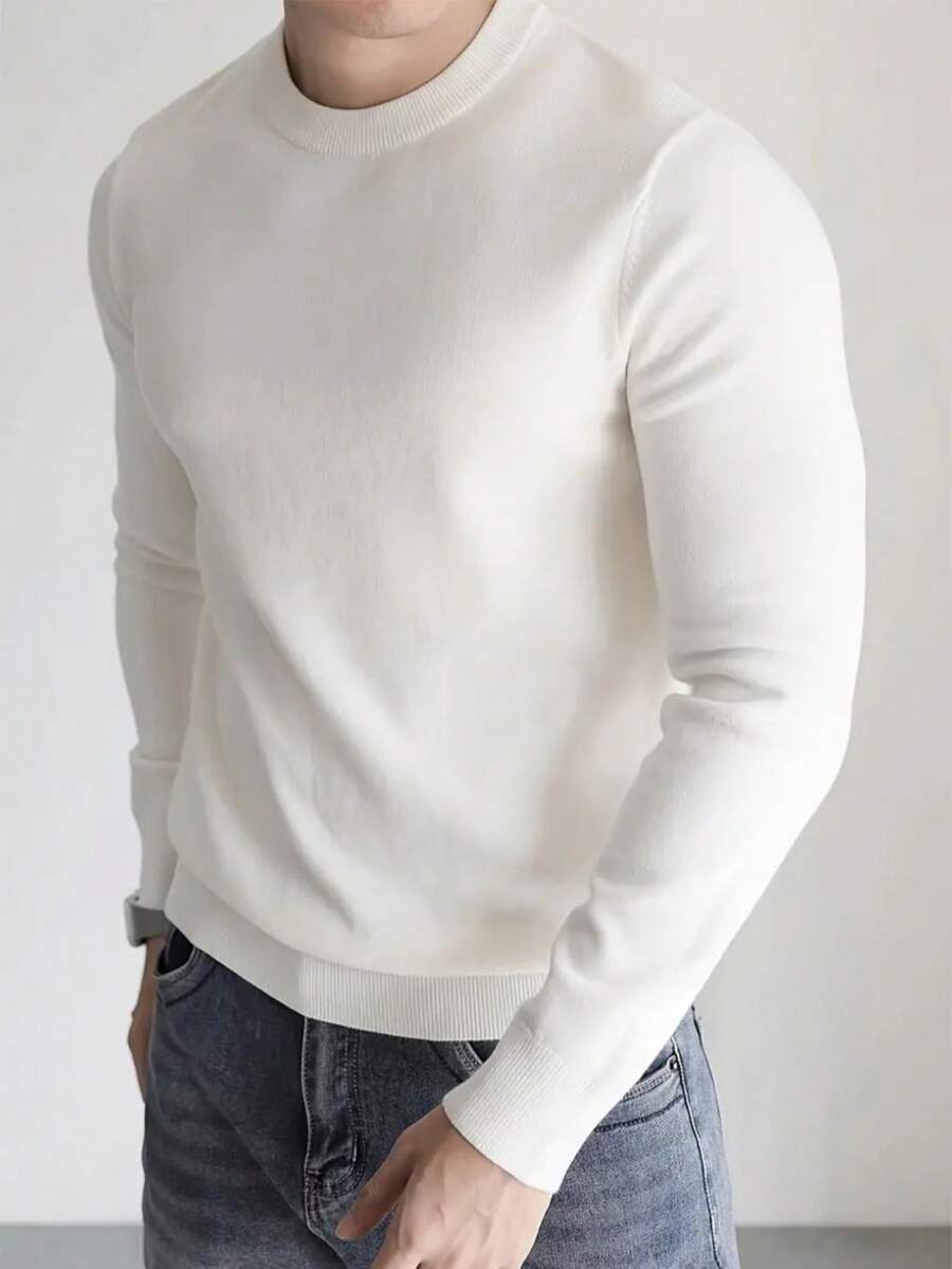 1pc Men's Casual Basic Solid Color Slim Fit Crew Neck Long Sleeve Knitted Sweater - White - View 1