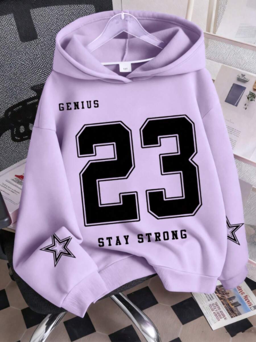 Teen Girl Letter Print Sweatshirt, Casual Hooded Long Sleeve Sweatshirt, Back To School - Purple - View 1