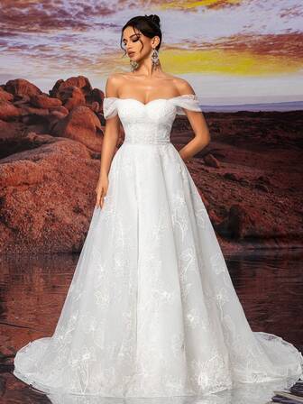 Off-The-Shoulder Wedding Dress, Long A-Line Tulle Gown, Beaded And Sparkly Bridal Gown, Floral Print, Sexy Backless Wedding Dress