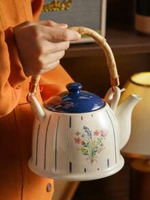 DearDali Original Striped Floral Ceramic Tea Set, Minimalist French Style With Bamboo & Wood Handle Teapot, Household Tea Set For Entertaining Guests Or Personal Use, Living Room Decor Teapot & Cups, Ideal For Tea Lovers