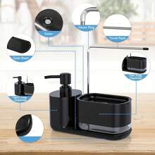 (Comes With A Complimentary Dishwashing Sponge) Kitchen Soap Dispenser Set, Kitchen Sink Soap Dispenser, Dishwashing Liquid Dispenser With Sponge Holder, Cloth Holder, And Tray, 4-In-1 Kitchen Sink Countertop Organizer, Practical Kitchen Tool. - Black - View 6