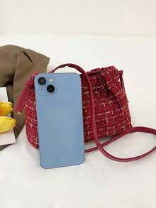 Mini Bucket Bag, Gold Thread Drawstring Closure Bucket Shoulder Bag, Casual & Elegant, Versatile Shoulder/Crossbody/Backpack - Red - View 9