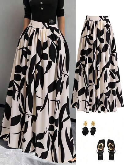 EARO Women's Casual Loose Design Unique Ink Print High-Waisted Slim Fit Skirt