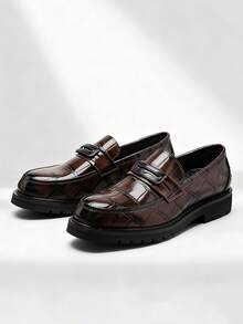 Luxury Retro Designer Men's Slip-On Penny Loafers, Plaid Crocodile Embossed Soft Leather Breathable Round Toe Formal Dress Shoes, Elegant Gentleman Business Casual Shoes, Suitable For Men's Daily Office, Party, Wedding, Romantic Dinner, Holiday Gift, Back To School, All Seasons. Recommend Sizing Up One Size
