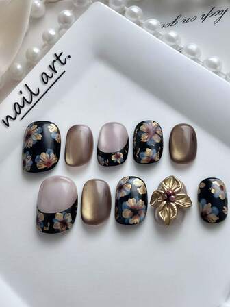 One-Piece Handmade Press-On Nail Art, Classic French Style, Understated Luxury And Gentle Style. Hand-Painted Floral Pattern. Cat-Eye Nails. Create A Unique Look. Cute Nails, Oval Nails. False Nails, Short Nails, High-End Nails, Reusable, Suitable For Women And Girls To Wear Daily Or On Holidays, And Make A Great Gift.