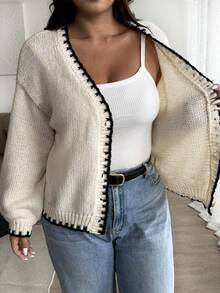 Plus Size Loose Fit Herringbone Color Block Button Knit Cardigan, Autumn/Winter - Apricot - View 6