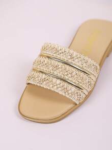 1 Pair Girls' Woven Metal Strap Strap Sandals - Cute Open Toe Children's Fashion Slippers For Everyday Wear And Vacation - Khaki - View 2