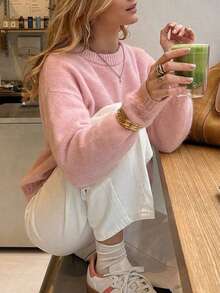 FOR BEAUTY Autumn/Winter Y2K Women's Pink Round Neck Long Sleeve Knit Hoodie, Loose Fit Sweet Fashion Street Date Commute Top Fall - Pink - View 5
