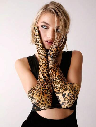 1pair Women Leopard Print Pattern Fashion Arm Sleeves For Party Halloween Wedding Snow Gloves