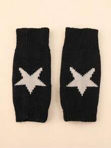 1 Pair Women's Star Print Fingerless Thumb Hole Knitted Wrist Length Mitten Gloves,  And Comfortable Fabric, Y2K Style Halloween - Black - View 2