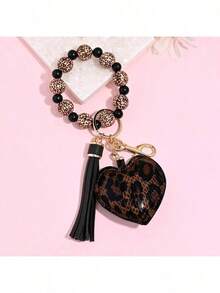 1pc Leopard Pattern Wood Bead Bracelet Keychain With Leather Heart & Tassel Charm, Boho Style Fashion Bag Accessory,  Gift Idea For Women & Daily Use - Nhiều màu - Xem 6