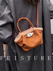 1pc FEISTURE Faux Shearling Small Handbag, Fashion Metal Clasp Dumpling Bag, Shoulder Crossbody Bag, Suitable For Daily Outing, Dating, Commuting - Brown - View 6