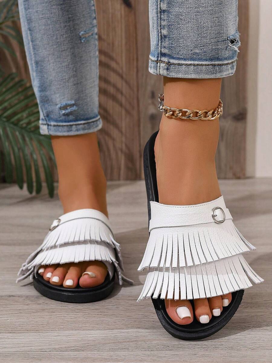 White Tassel Decor Slip-On Boho Style Double Sole Casual Versatile Commute Fashion Beach Sandals - White - View 1