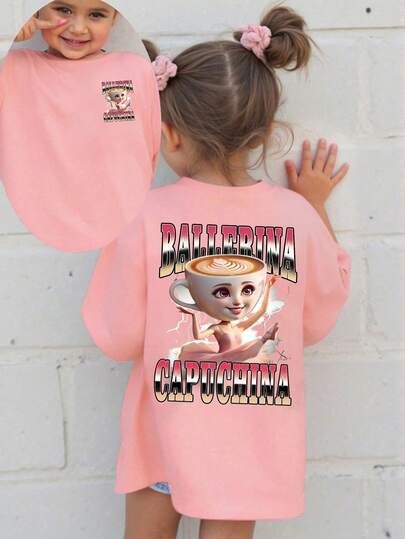 Camiseta casual de manga corta con cuello redondo y estampado de letras de dibujos animados para niña