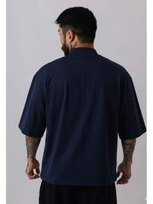 Premium High Neck Over Boxy T-Shirt - 藏蓝色 - 查看 4