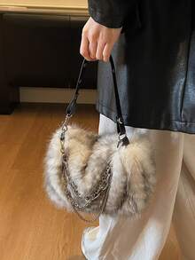 1pc Women's Gradient Deer Spotted Faux Fur Shoulder Bag, Ash Gray, Autumn/Winter - smoke gray - View 8