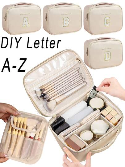 1pc Large Capacity Travel Makeup Bag, Multi-Function Cosmetic Organizer Pouch, PU Leather Cosmetic Bag, Waterproof Makeup Brush Holder, DIY Letter Makeup Bag, Portable Travel Storage Bag, Tote Bag, Cosmetic Storage Bag, Suitable For Toiletries, Colored Pencils, Eyeshadow Brushes, Sanitary Napkins, Lipstick Organizer, Makeup Brushes, Eyeliner, Lip Gloss, Skincare, Digital Products Storage, Great Gift For Mother, Holiday, Birthday, Graduation, Bridesmaid