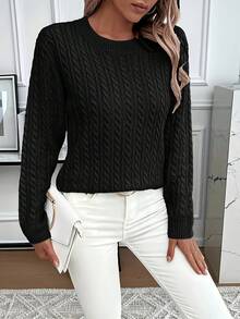 Women's Elegant Solid Color Round Neck Sweater - Spring/Fall/Winter Layering Essential, Soft Durable Fabric, Versatile For Casual & Formal Outfits, Cute Sweater, Formal Outfit Accessory, Sophisticated Style, Comfortable Fit, Casual Attire, Classic Style, Cozy Texture, Stylish Pullover, Office Wear, Soft Cozy Women's Spring Fall Clothing, Workout Tops Essentials Hoodie Womens Sweaters Christmas Long Sleeve Tops Women Women's Sweaters Cute Tops Shirts Mens Shirts Christmas Sweater Women Curve Valentine New Years Christmas Outfit Holiday Gift - màu đen - Xem 2