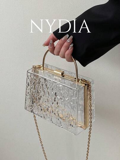 Moire Waterproof Lightweight, Casual Mini Textured Transparent Chain Box Bag For Teen Girls Women College Students Perfect For College, ,,Commute,Outdoors, Travel, Outings, Waterproof, Sandproof Transparent Bag, Beach Sports Picnic Snacks Clear Purse For Women