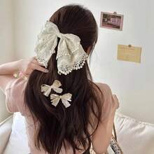 Elegante Set de 3 Clips de Pelo de Encaje Blanco con Bordado - Diseño Intrincado de Encaje + Lazo, Versátil para Bodas/Fiestas/Uso Diario - 1 pinza grande + 2 pequeñas para el cabello - Ver 9