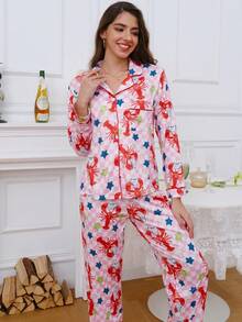 2pcs Women Lobster Print Long Sleeve Top And Pants Pajama Set, Comfortable Knit Collared Button Front Shirt With Pockets And Elastic Waist Pants, Suitable For All Seasons Casual Loungewear - Pink - View 3