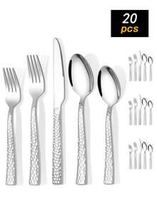 5/20/30pcs Stainless Steel Hammered Finish Cutlery Set, Metal Flatware Set Includes Knife/Fork/Spoon, Tableware Set, Home/Restaurant/Wedding Party Utensils, Mirror Polished, Dishwasher - Silver - View 7