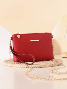 Bolso de hombro/bandolera minimalista de unicolor con patrón de ondas en relieve de PU, con monedero - Burdeos - Ver 2