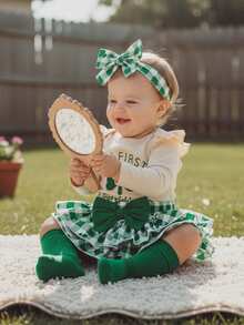 Conjunto de ropa para bebé niña con bordado de trébol y letras, falda a cuadros, calentadores de piernas y diadema para el primer día de San Patricio - Caqui - Ver 4