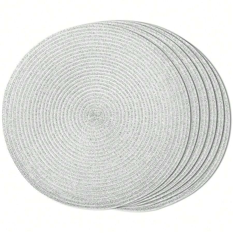 FunWheat Round Braided Placemats Set Of 6 Table Mats For Dining Tables Woven Washable Non-Slip Place Mats(Shining Sliver, 6pcs),SliverShining15inchessetof6 - SliverShining15inchessetof6 - View 1