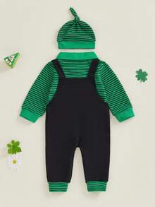 Newborn Baby Boys St. Patrick's Day Outfit Long Sleeve Lapel Striped Romper Letter Clover Embroidery Suspender Pants Hat 2Pcs Irish Day Sets - màu xanh lá - Xem 5