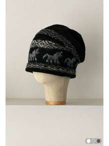 女士提花独角兽宽松针织帽，保暖弹力针织混纺，超大宽松复古独角兽提花针织帽，秋冬款 - 獨角獸卷邊 - 查看 19