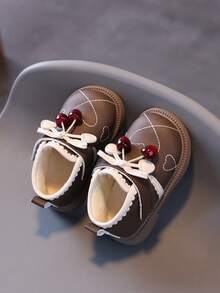 1 Pair Girls Bow Decor Princess Shoes, PU Leather Waterproof Warm Baby Boots, Suitable For Spring, Autumn And Winter